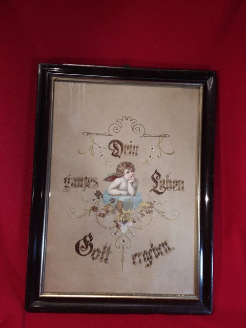 Antikes Gedenkbild Stickbild Volkskunst Gestickt Engel 1900 (1568)