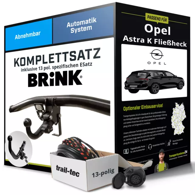 Anhängerkupplung BRINK abnehmbar für OPEL Astra K Fließheck +E-Satz Kit (AHK+ES)