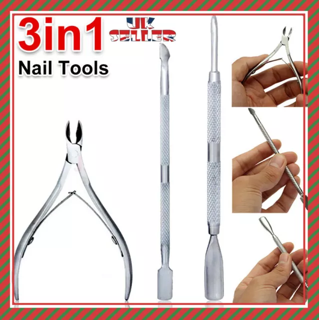 UK 3pcs Nail Art Cuticle Spoon Pusher Clipper Nipper Manicure Steel Tool Kit Set