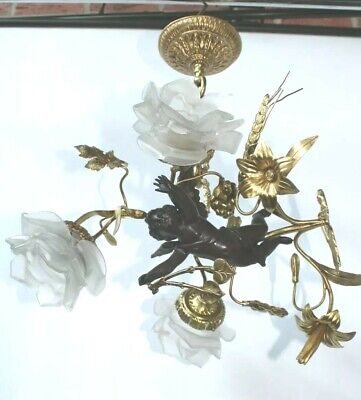 Vintage bronze brass putti cherub angel chandelier lamp rare