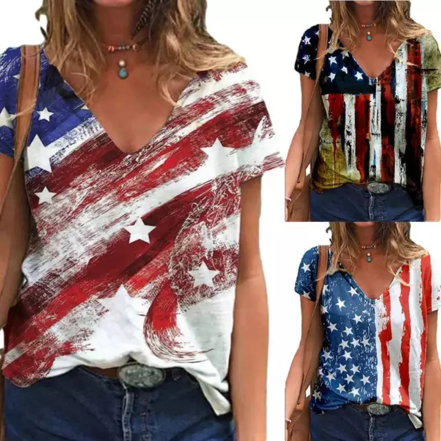 Independence Day Womens American Flag Short Sleeve T Shirt Blouse Patriotic Tops