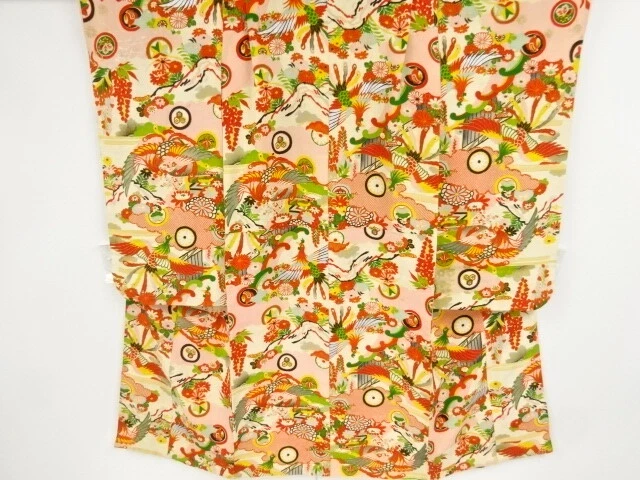 02339# Japanese Kimono / Antique Kimono For Girls / Bird With Floral Plants
