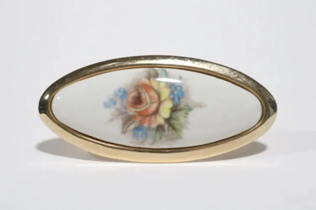 Vintage Flower Ceramic Oval Gold Tone Brooch Pin