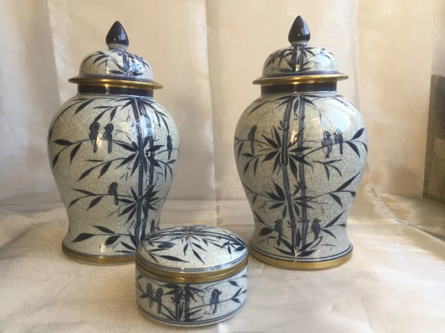 2 Large Vintage Oriental Bamboo Decor Temple or Ginger Jars & Matching Pot