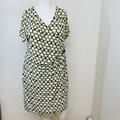 Mile Gabrielle Woman Dress Faux Wrap Size 2X Yellow Navy Blue Print Knit Stretch