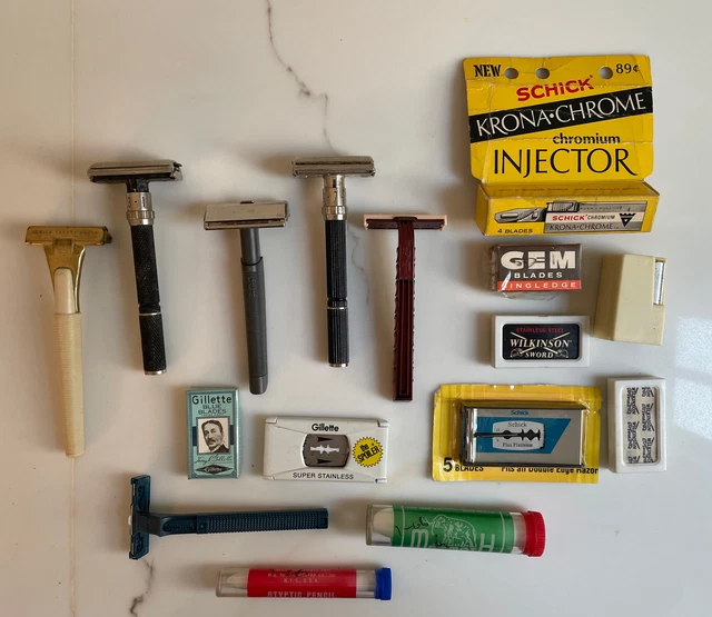 Vintage Lot Razors Incl. Pair Gillette Adjustable Safety Razor & Blue Blades