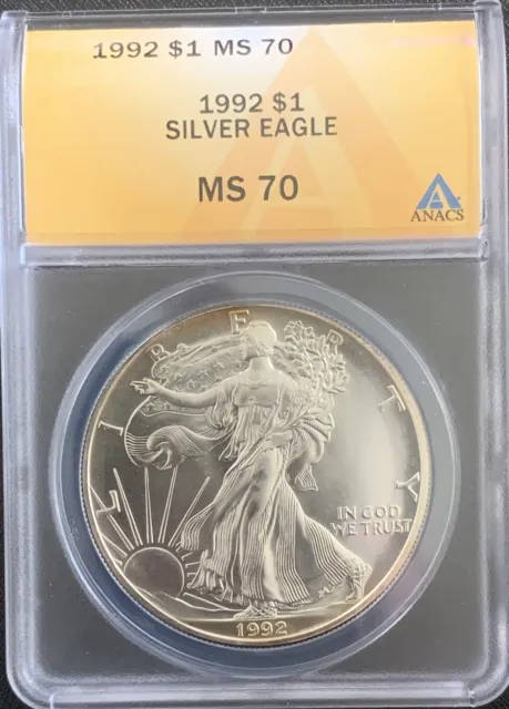 1992 SILVER AMERICAN EAGLE ANACS MS70 Perfect Grade MS 70 Awesome Toning