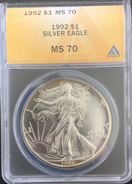 1992 SILVER AMERICAN EAGLE ANACS MS70 Perfect Grade MS 70 Awesome Toning
