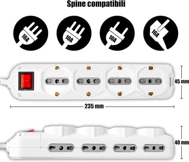 Ciabatta Elettrica V-TAC 5 Prese Con Interruttore - Cavo 1.5m, Spina Shuko 16A, Bianco