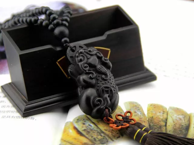 Ebony Wood Carving Chinese Fengshui Wealth Pi Xiu Piyao Prayer Beads Car Pendant