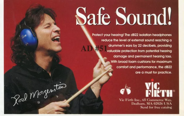 1996 small Print Ad of Vic Firth dB22 Headphones w Rod Morgenstein marked AD#51