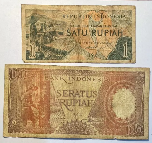 Indonesia - 1 Rupiah 1961 x1, 100 Rupiah 1964 x1, 100 Rupiah 1958 x2 3