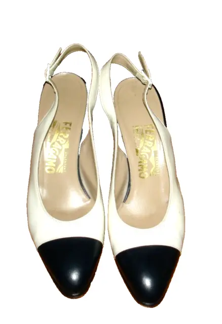 Salvatore Ferragamo Navy Blue /white Leather Slingback Court Shoes UK6.5 (Narrow