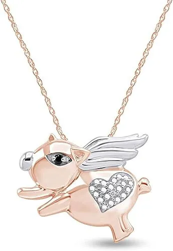 Black & White Real Diamond Flying Pig Pendant 18" Necklace 925 Sterling Silver