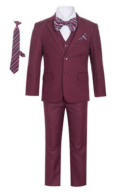 Magen Boys SLIM FIT Formal suit 7 pc set coat,vest,pant,shirt,clip tie Burgundy