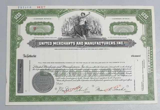 UNITED MERCHANTS AND MANUFACTURERS, INC.  Stock Certificate SPECIMEN