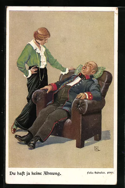 Künstler-AK Felix Schulze: erschöpfter Soldat entspannt sich im Sessel 1918