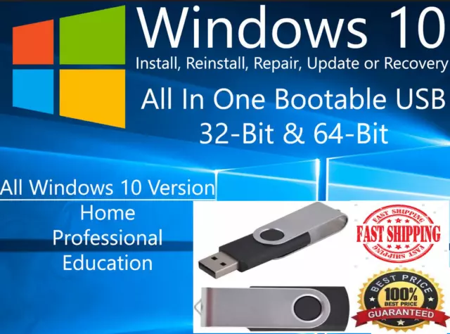 Windows 10 Operating System 64 Bit Bootable Install/Repair USB Flash Drive Windows 10 Operating System 64 Bit Bootable Install/Repair USB Flash Drive