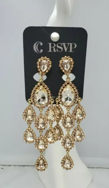 RSVP rose gold water drop chandelier clip earring with rhinestones