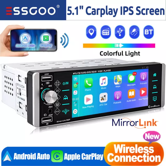 Single 1 Din 5.1" Car Stereo Radio Apple/Android Carplay Bluetooth Touch Screen