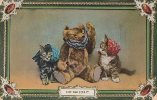 a children old antique postcard greetings people teddy bear comic cat