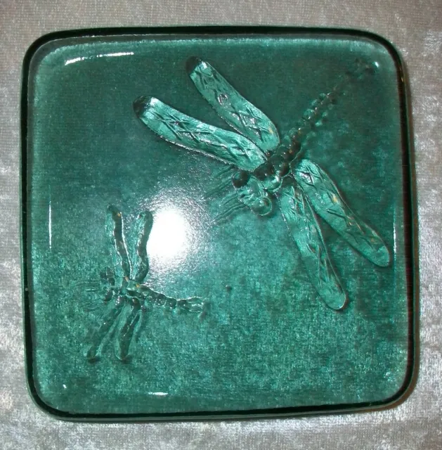 Blue Green Recycled Art Glass Dragonfly Pillar Candle Holder Slab Paperweight