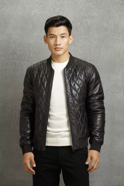 Black Quilted Leather Jacket Men Lambskin Bomber Size S M L XL XXL Custom Made
