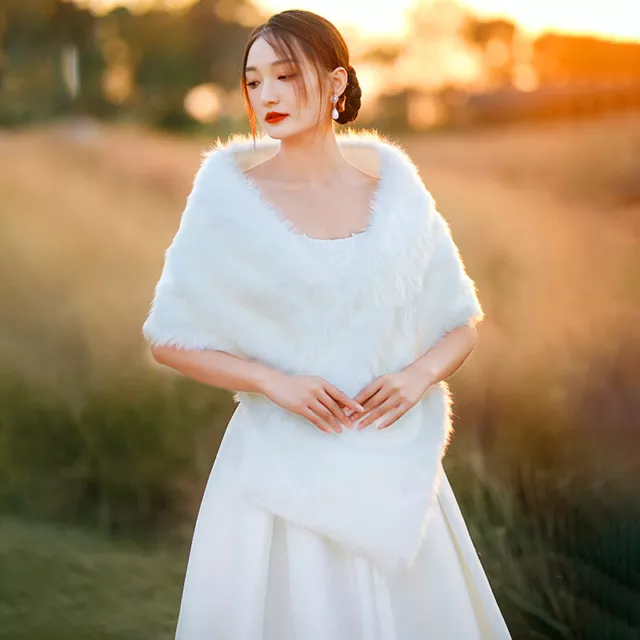 Women Faux Fur Long Shawl Stole Wraps Scarf Cape Coat White Bridal Wedding Warm