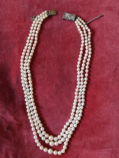 Collier De Perles Ancien 3 Rangs - Fermoir Strass - Début 20ème Siècle - Occasion