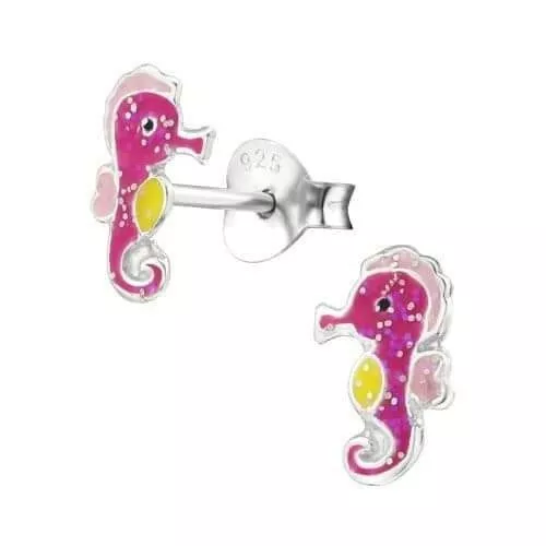 925 Sterling Silver Glitter Seahorse Kids Girls Stud Earrings - Boxed
