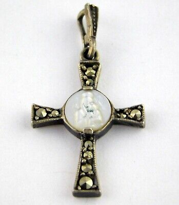 Roma 835 Silver Carved Mother of Pearl and Marcasite Cross Pendant Mary Jesus