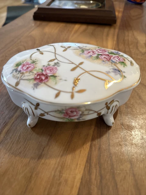 Vintage Kalk ? Oval Porcelain Footed Jewelry Trinket Box w Lid, Roses And Gold