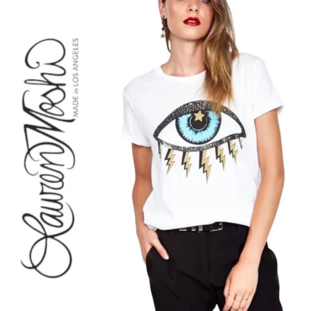 Lauren Moshi White “Eye Lightning Storm” Short Sleeve T-Shirt Size Large