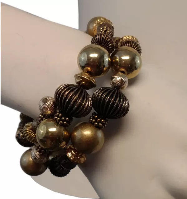 Antiqued Gold Tone Tribal Style Coil Chunky Beaded Bracelet One Size Fits All