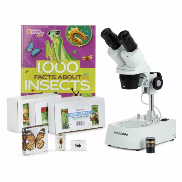 AmScope 20X-40X Student Stereo Microscope +Camera + Premium 3D Insect Specimens