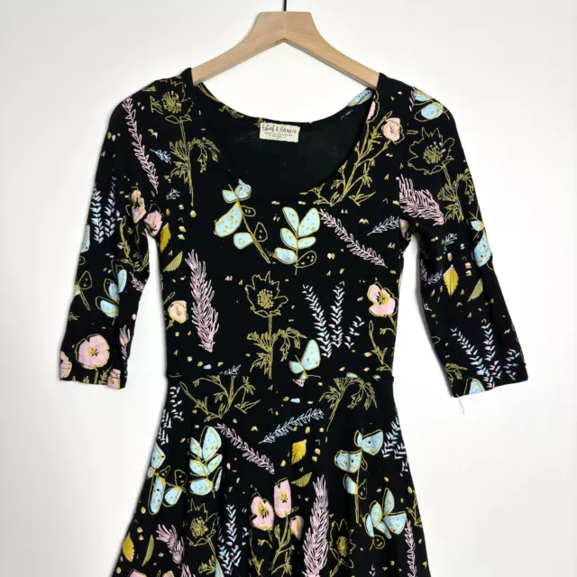 THIEF AND BANDIT Floral Handpainted Twirl Dress 3/4 Sleeve Scoop Neck Black XS 2