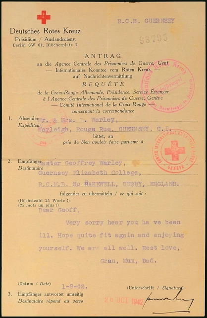 12102) Rotkreuz-Nachrichten Brief 1.8.42 Guernsey nach England Antwort 17.11.42