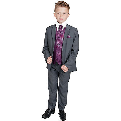 Boys Suits Boys Grey Purple Waistcoat Suit Wedding PageBoy Formal Party 5pc Suit