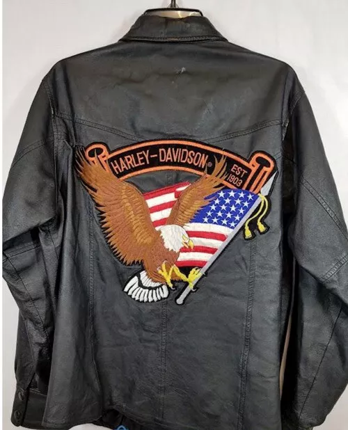 VINTAGE HARLEY DAVIDSON Mens Leather Shirt Jacket Size Small Back Patch ...
