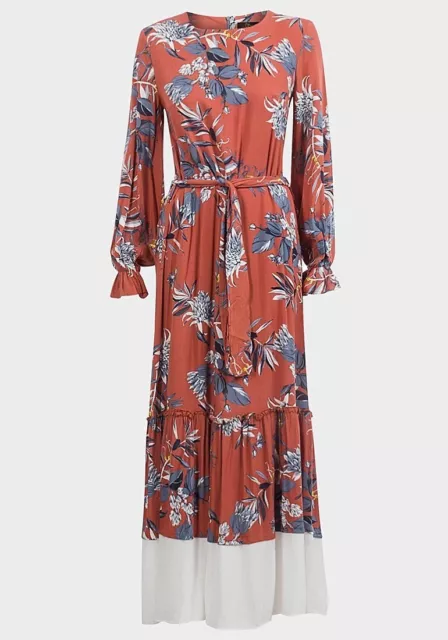 Boho 1970s Maxi Dress Terracotta Floral Print Long Sleeve Tiered BNWT Size 12