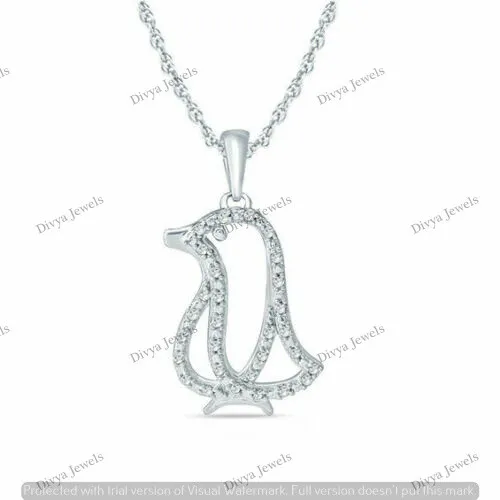 2.00Ct Round Cut Moissanite Penguin Pendant Necklaces 14K White Gold Plated