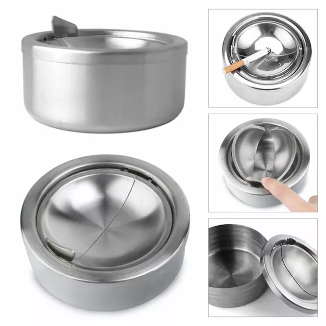 Round Stainless Steel Spin Ashtray Windproof With Press Rotating Lid Smokeless