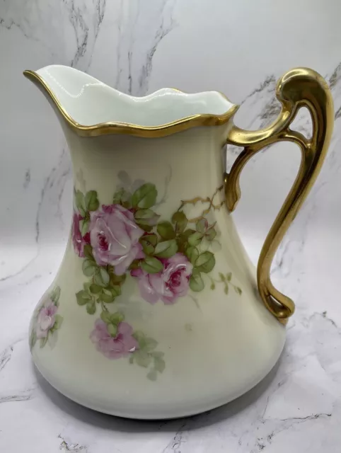 Antique Prussia Royal Rudolstadt Hand Painted Pitcher Teapot Roses Gold Trim