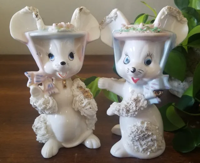 Set Of 2 Vintage Kitsch Ceramic Spaghetti Mouse Figurines in Rose Hats Anthropo
