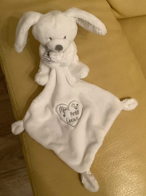 Doudou lapin blanc gris Petits pois pommette mon petit cœur