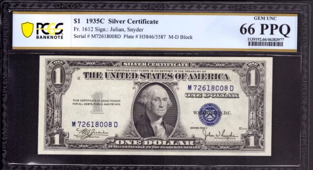 1935 C $1 Silver Certificate Note Currency Fr 1612 Md Block Pcgs B Gem 66 Ppq