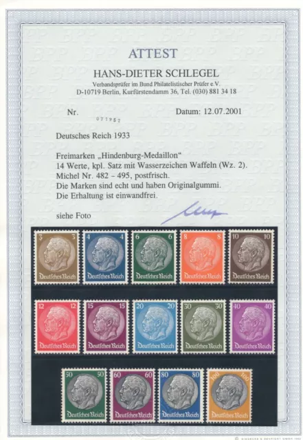 DR: HINDENBURG, MiNr. 482 - 495 ** POSTFRISCH, ATTEST SCHLEGEL BPP