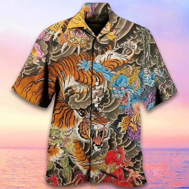 Men's Shirt Hawaiian Collar Short Sleeve Male Clothing Fierce Tiger Print Shirt