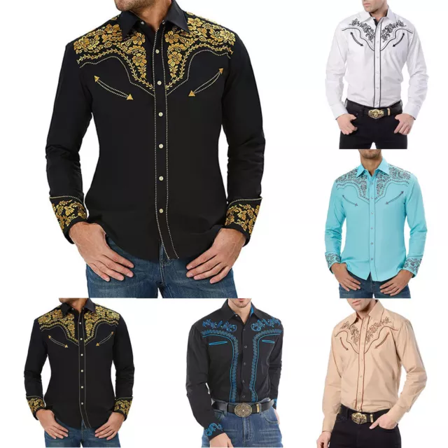 MEN WESTERN COWBOY Shirt Long Sleeve Retro Embroidery Casual Buttons ...