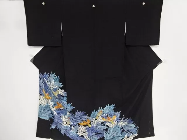 83259# Japanese Kimono / Antique Tomesode / Embroidery / Bird With Bush Clover